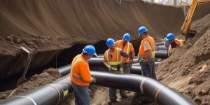 construction workers training in trenchless pipe installation underground