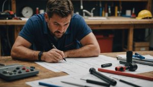 Plumber at workshop with tools and diagrams, highlighting the importance of continuing education in trenchless plumbing.