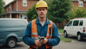 New plumber looking confused while holding a pipe wrench next to a trenchless plumbing setup.